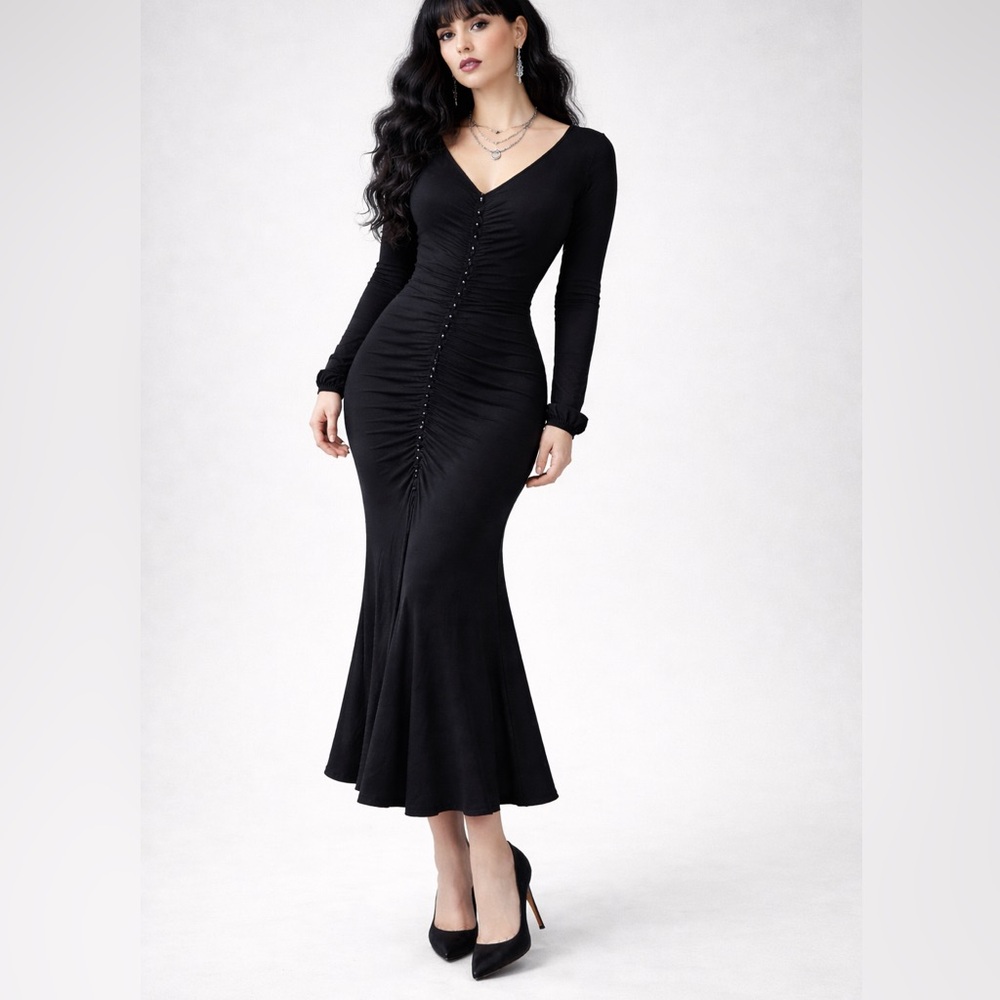 Fuzzi Vintage Black Ruched Body-con Gothic Midi/Maxi Dress Dark Romantic | Large